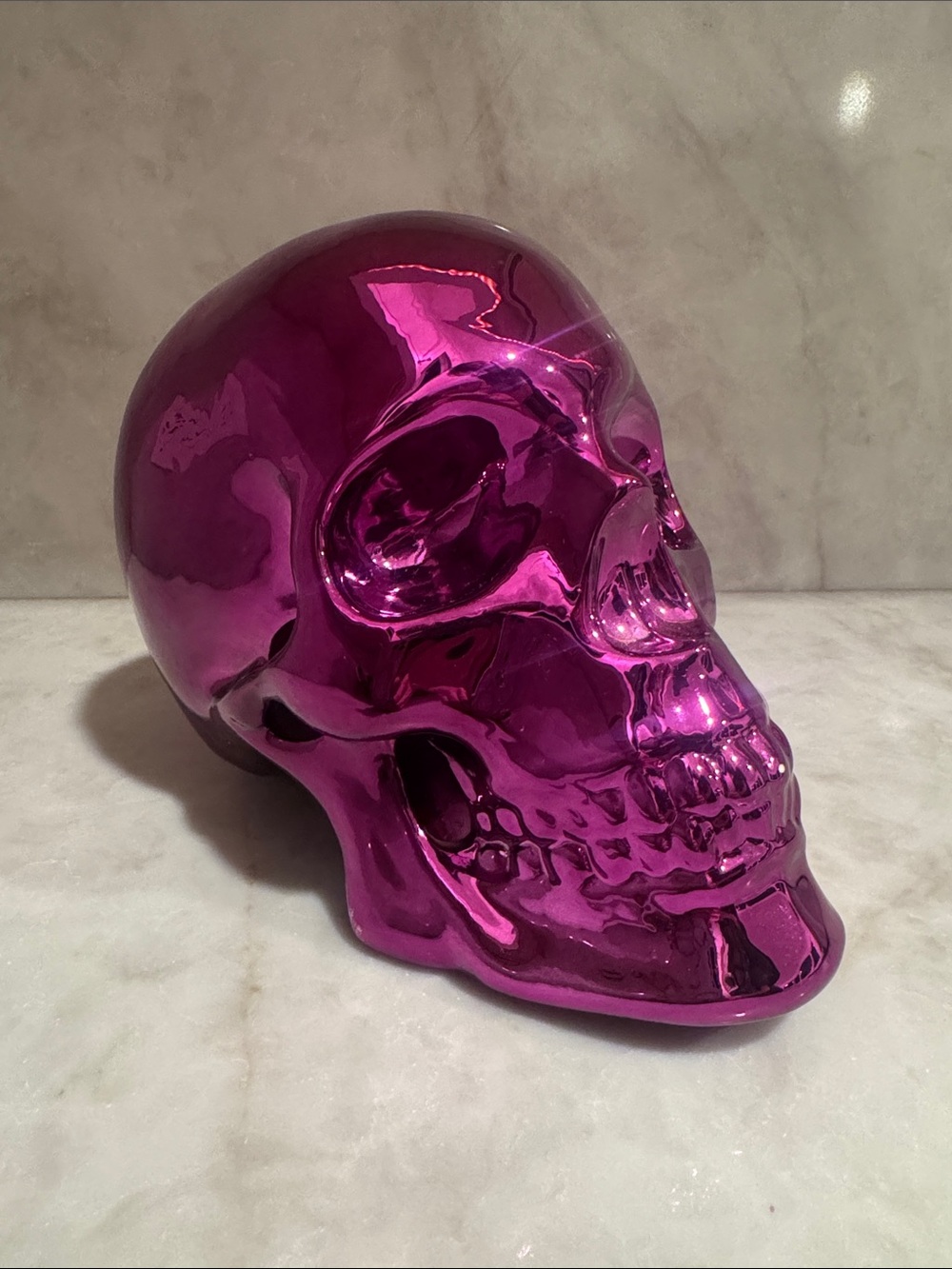 Decorative Glass Hot Pink Skull Sculpture - Home Art Accent